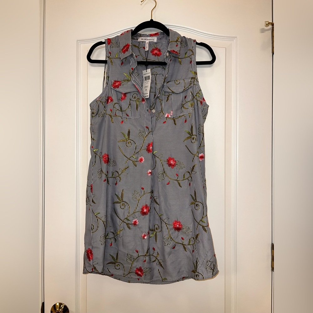 BCBG | Blue & White Striped Dress with floral embroidery SMALL NWT